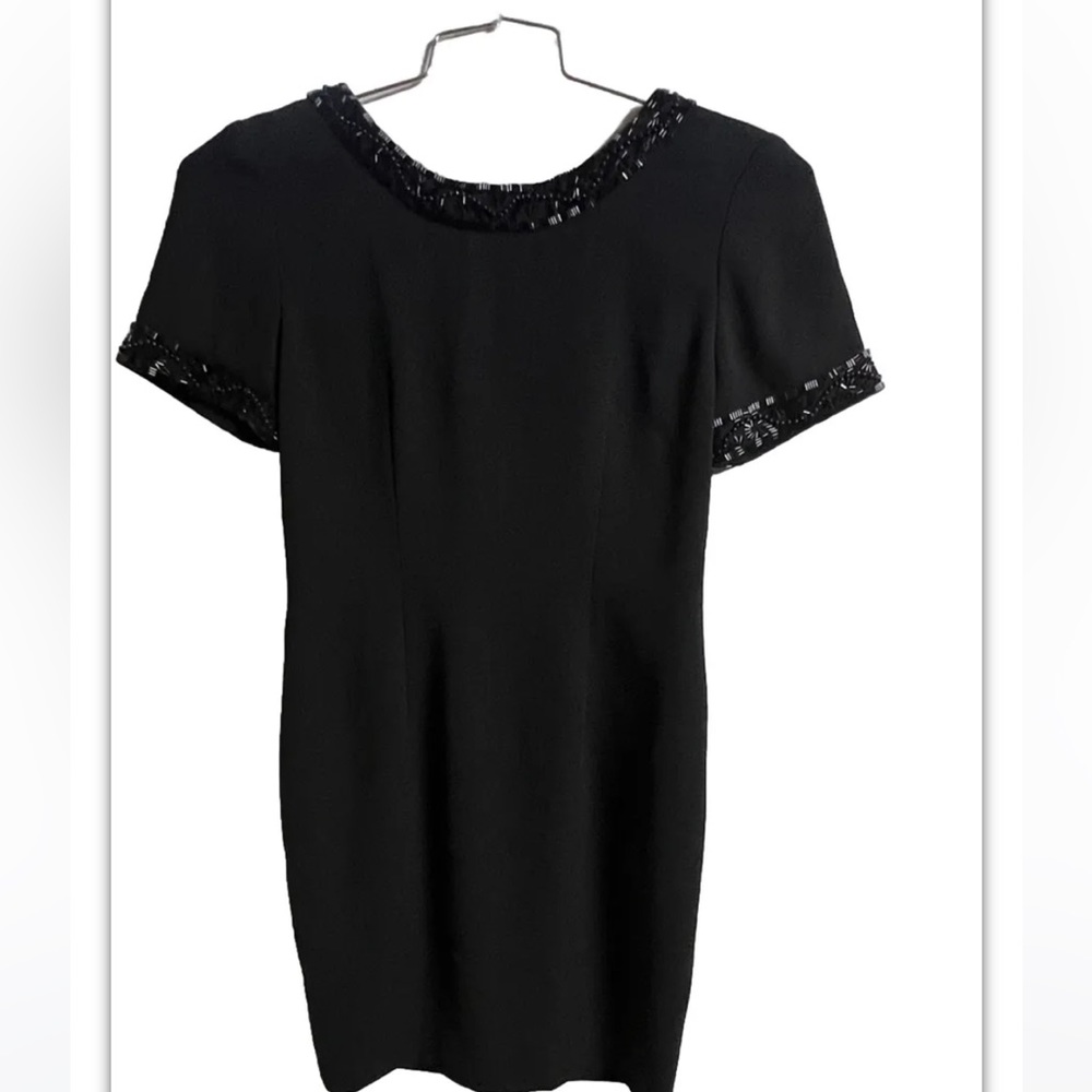Patrick petite 4 black beaded trim short sleeves criss cross back sheath dress.